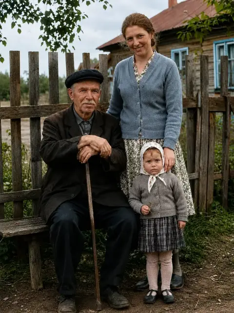 То же архивное фото 1965 года после раскрашивания: цвет одежды, деревянного дома и зелени