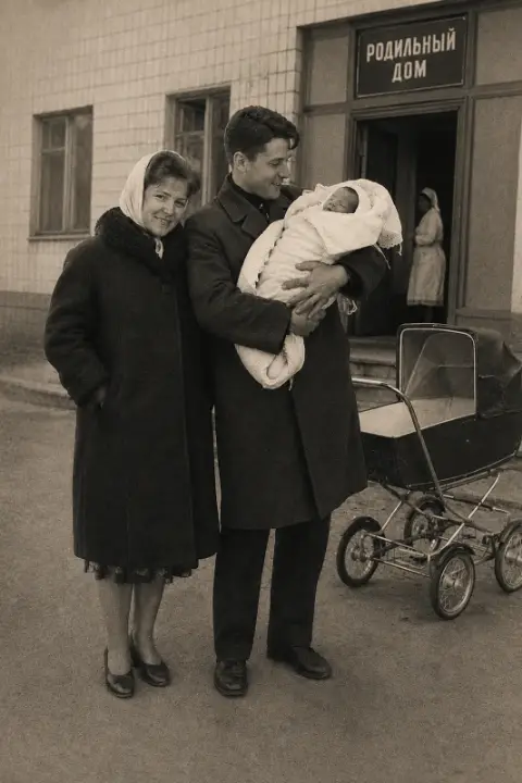 То же семейное фото 1953 года после восстановления: трещины и пятна убраны, тон снимка прежний